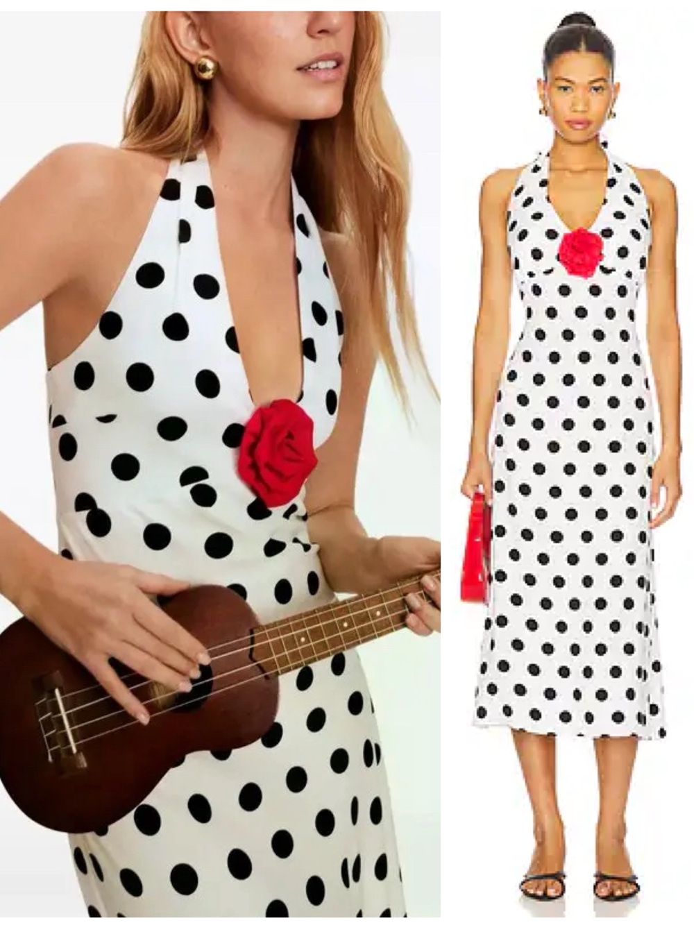 NWT Sleeper Revolve Jardin Halter Neck Maxi Dress Polka Dot Black White Sz Small